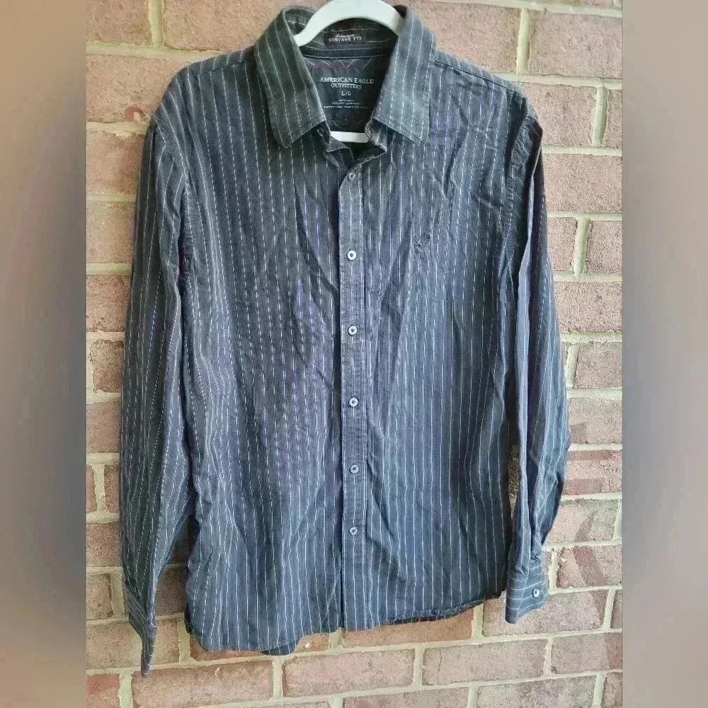 American Eagle Mens Button Shirt Lar Black Striped Long Sleeve Vintage Fit